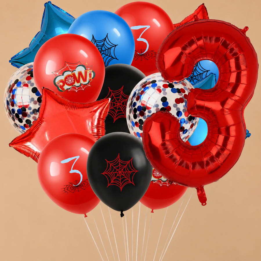 Spider-Themed 3rd Birthday Balloon Set – 15 Piece