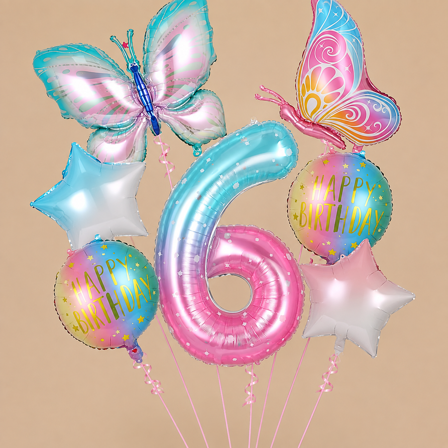 Butterfly Number 6 Birthday Balloon Set – 7 Piece