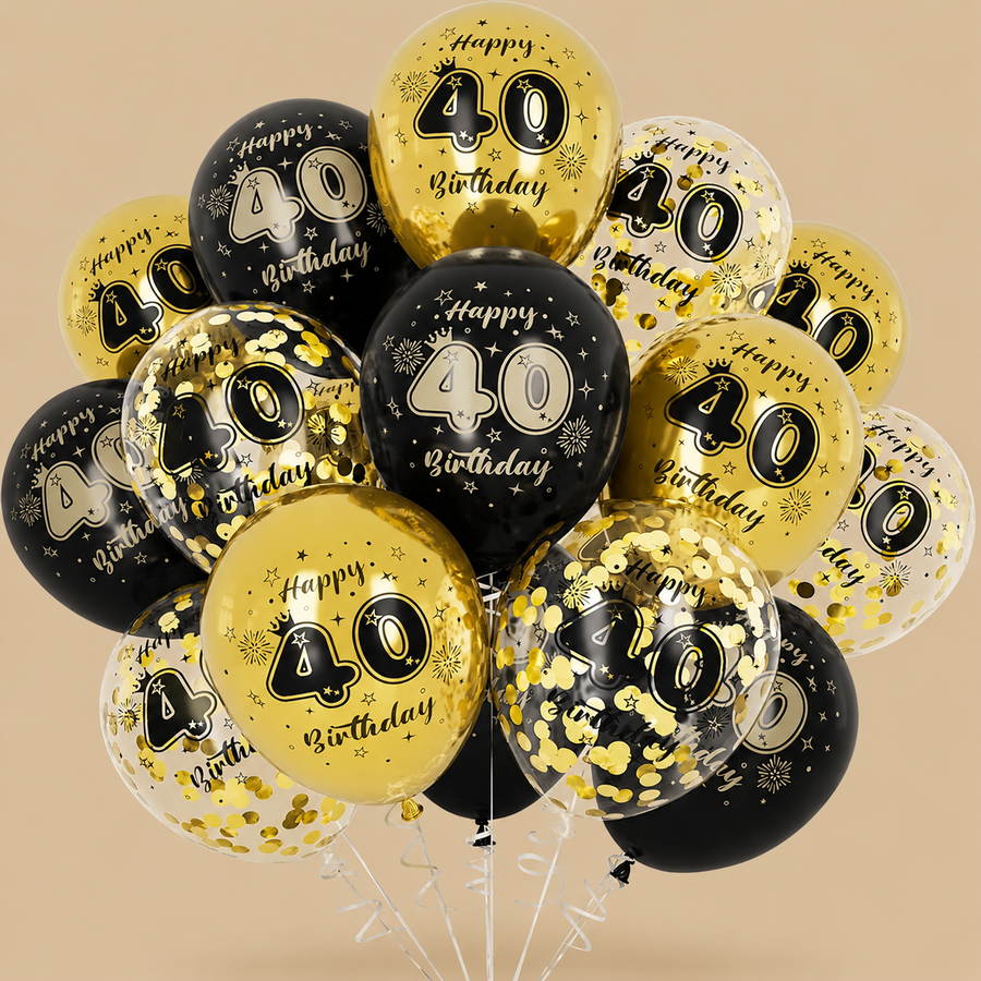15Pcs 40th Birthday Balloon Set – Black & Gold