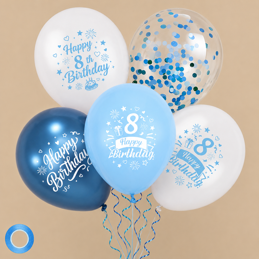 Blue 8th Birthday Latex Balloon Set – 30 Pieces