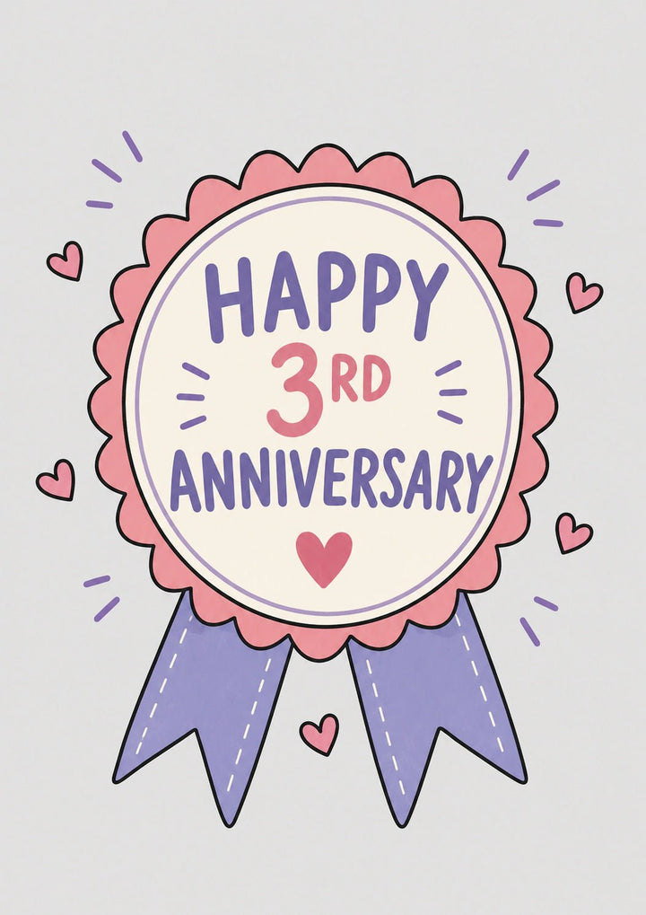 Pink Rosette Badge Happy 3rd Anniversary Card