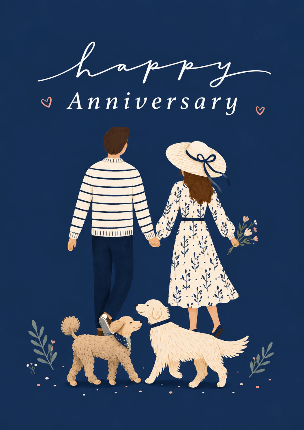 Couple Walking Dogs Floral Dress Anniversary Card