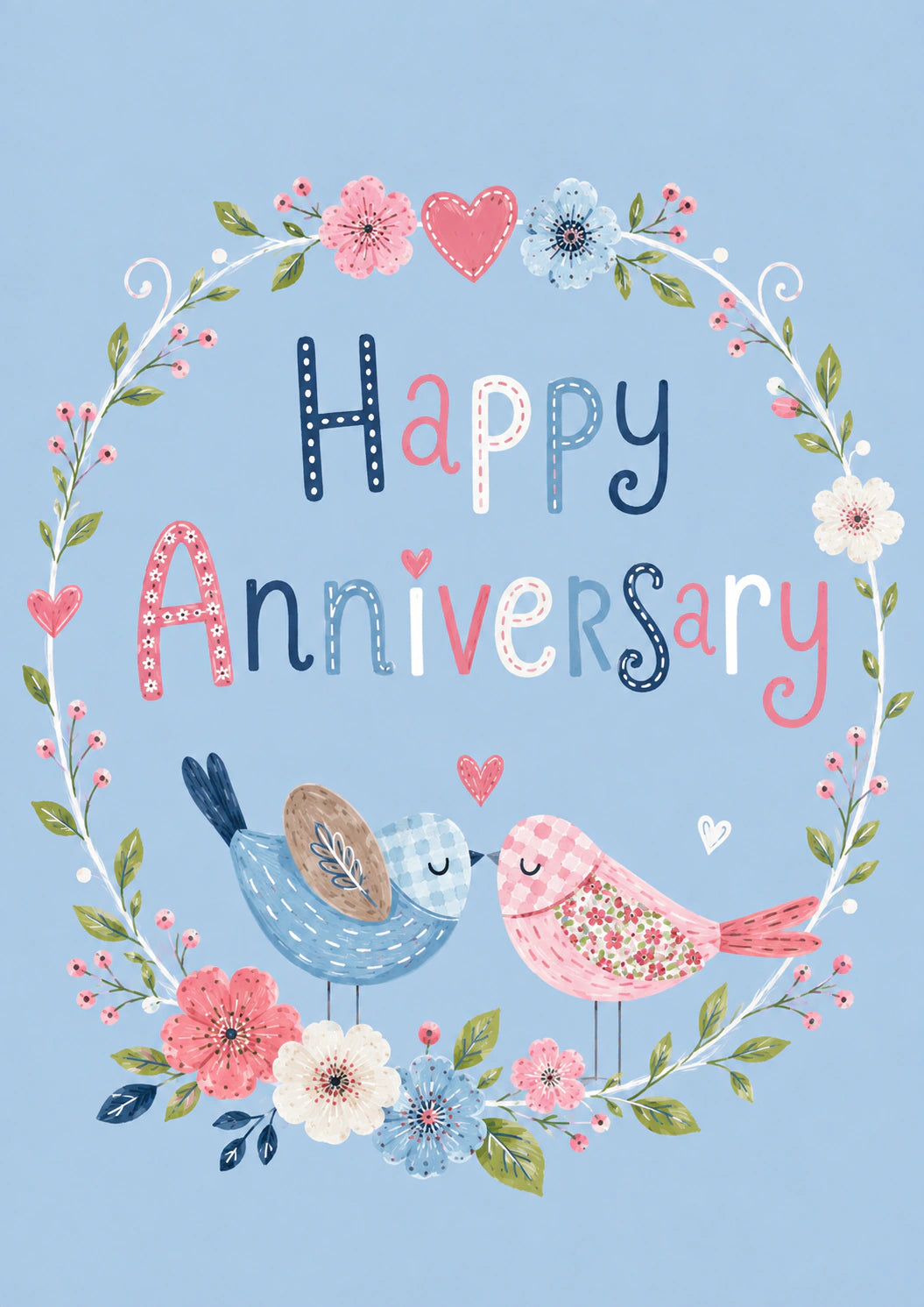 Cute Love Birds Floral Wreath Anniversary Card