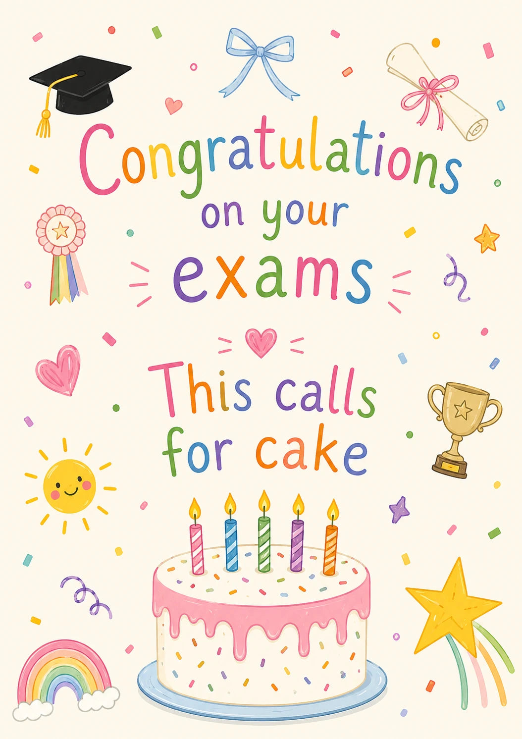 Funny Cake and Confetti Congratulations Exams Card