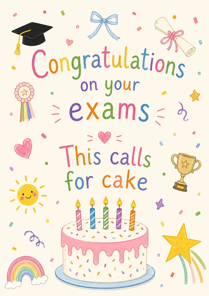 Funny Cake and Confetti Congratulations Exams Card