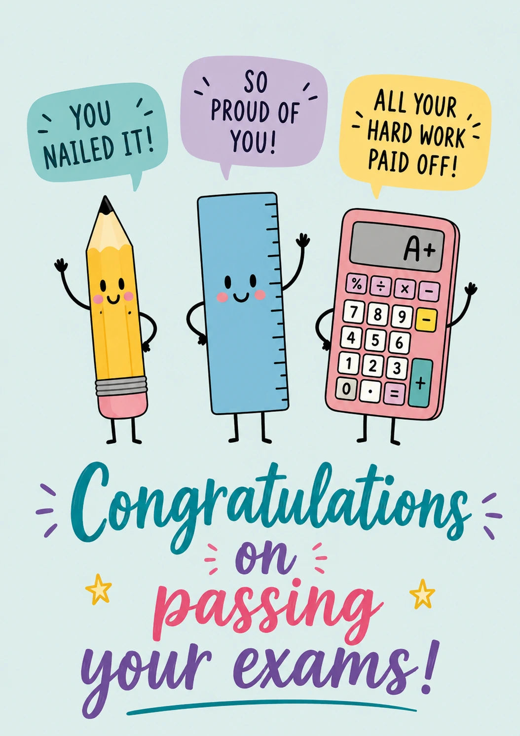 Cute Stationery Characters Congratulations on Passing Exams Card