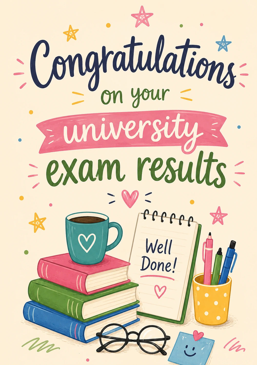 Stacked Books and Coffee Congratulations Card