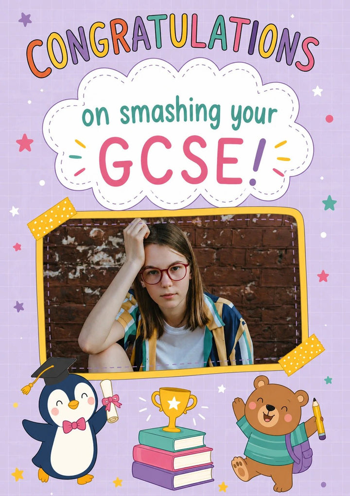 Smashing Your GCSE Cute Animals Photo Upload Congratulations Card for Her