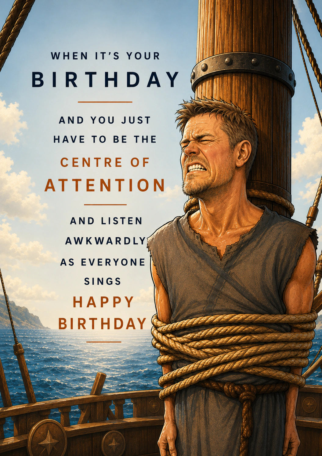 Funny Tied to the Mast Centre of Attention Birthday Card for Him