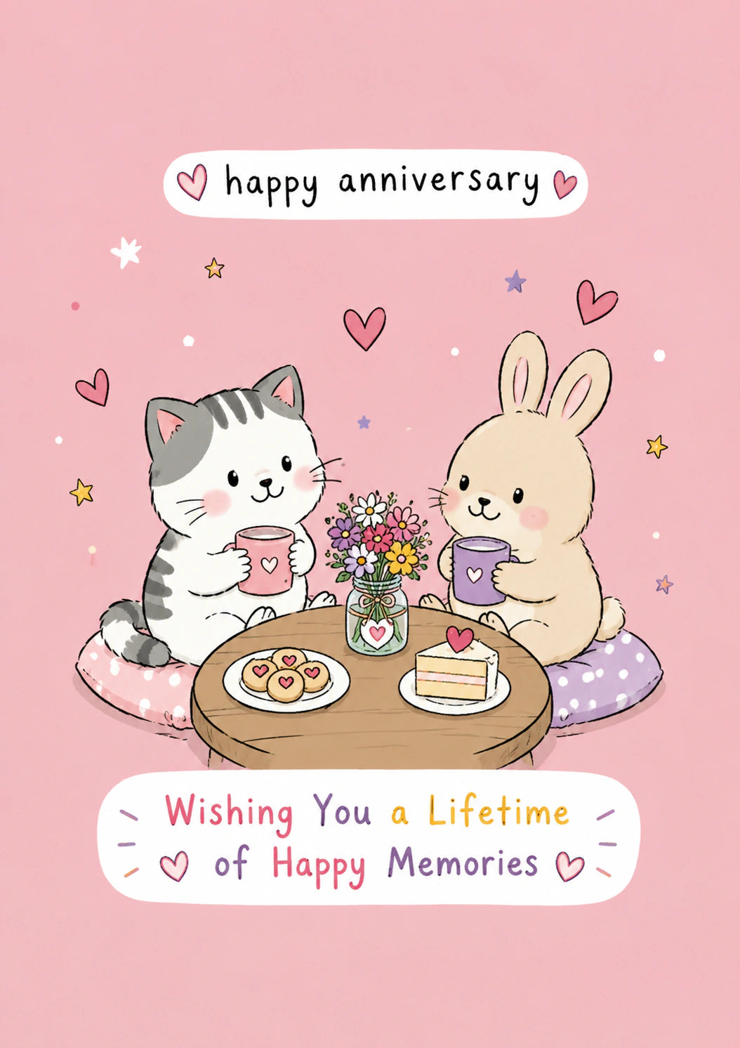 Cute Cat and Bunny Tea Party Anniversary Card for Her