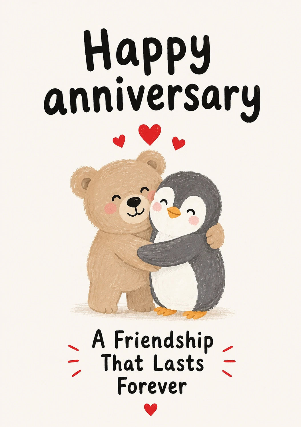 Cute Bear and Penguin Hug Friendship Anniversary Card