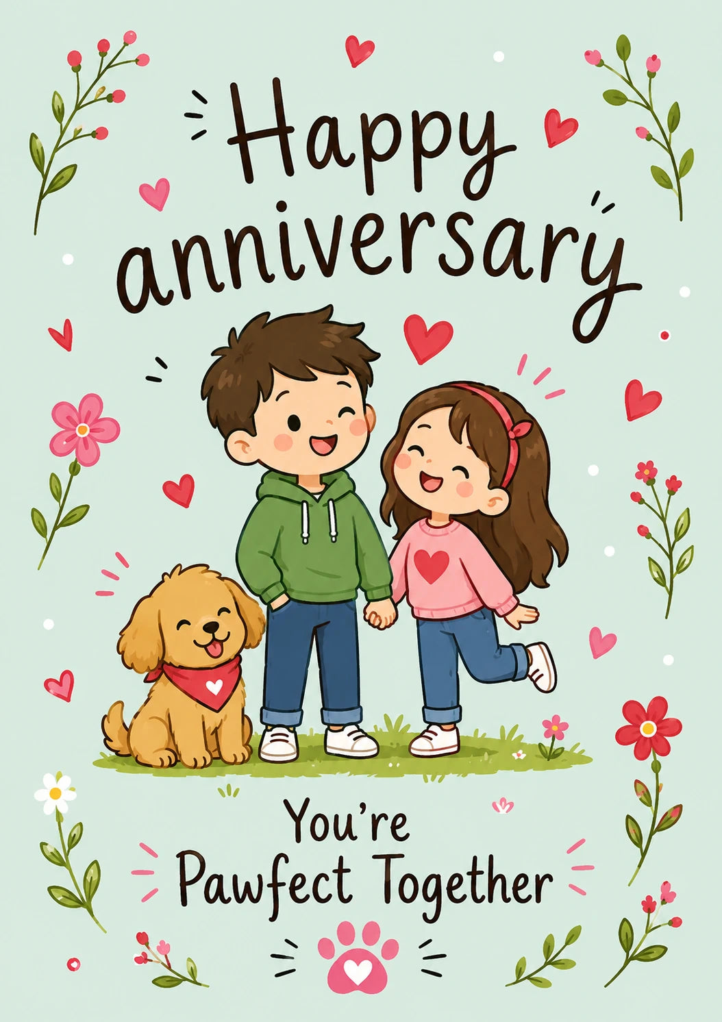 Funny Cute Couple and Dog Pawfect Together Anniversary Card