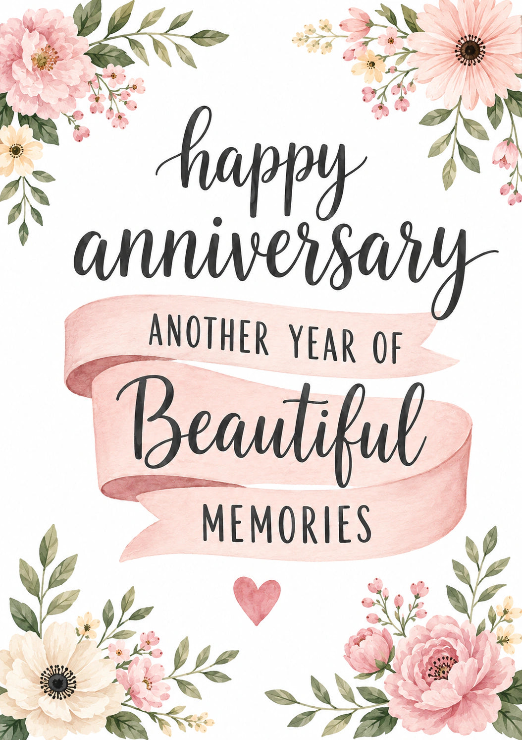 Pink Floral Ribbon Beautiful Memories Anniversary Card for Her