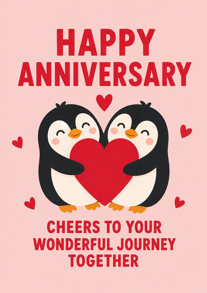 Cute Penguin Couple Holding Heart Anniversary Card