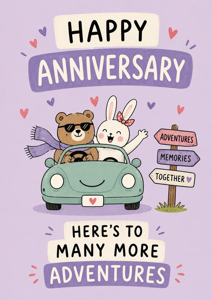 Cute Bear and Bunny Road Trip Anniversary Card