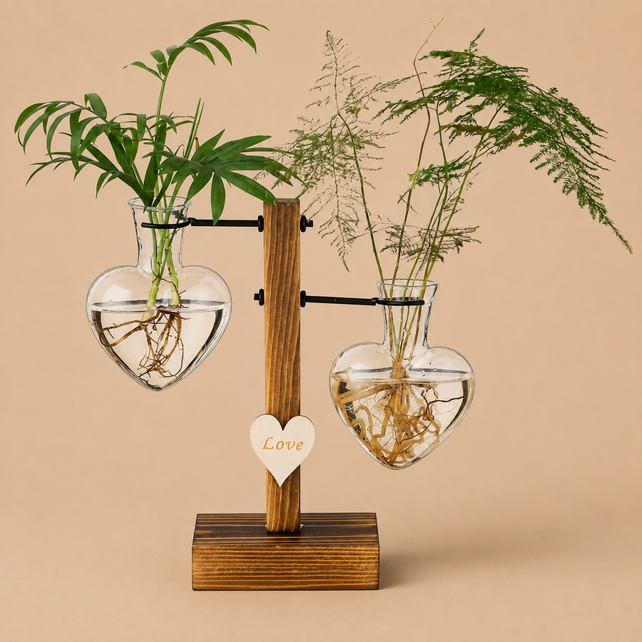 Glasseam Glass Plant Terrarium with Wooden Stand - Heart Vase