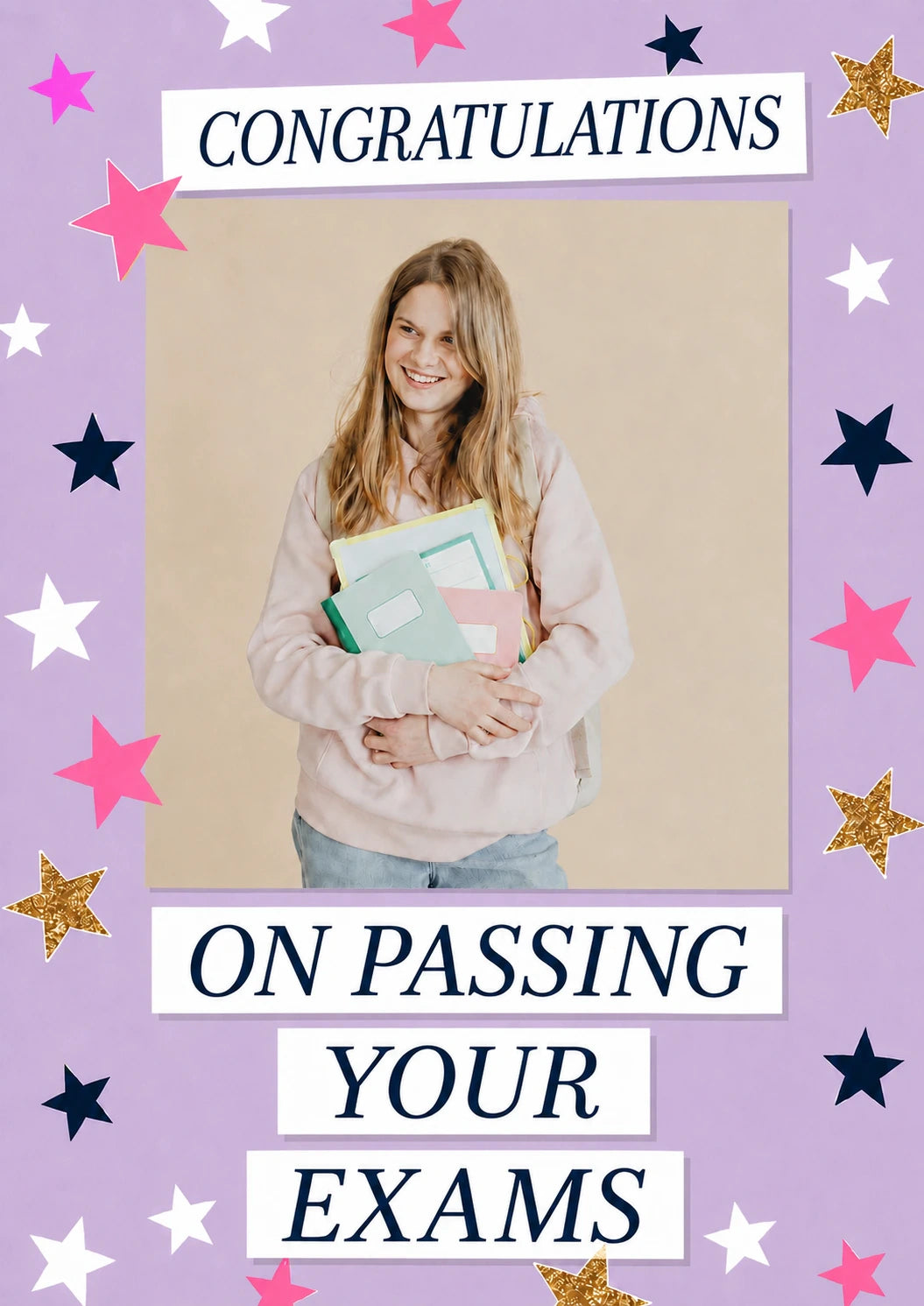 Colourful Stars Passing Exams Photo Upload Congratulations Card for Her