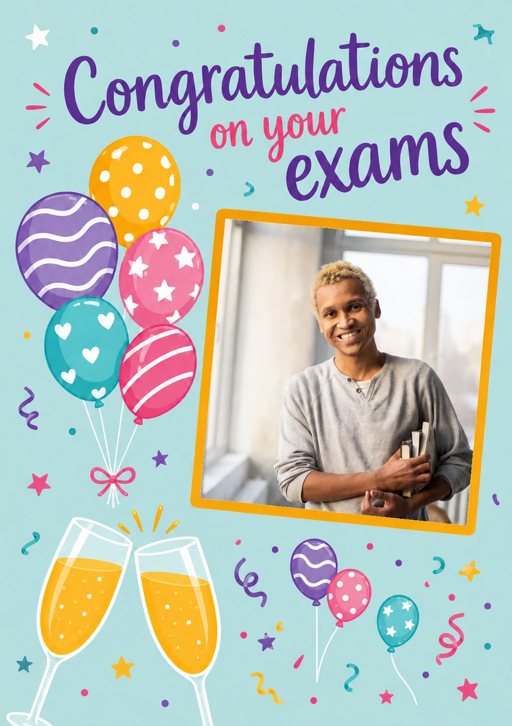 Colourful Balloons and Confetti Photo Upload Congratulations Card