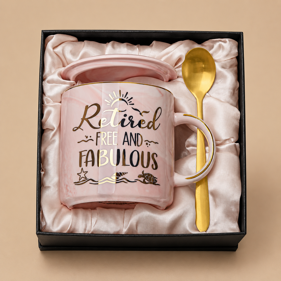 "Retired, Free & Fabulous" 14oz Pink Marble Mug Gift Box