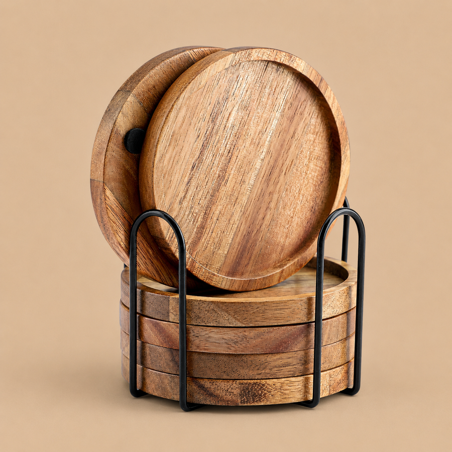Round Acacia Wood Drink Coaster - Set of 6