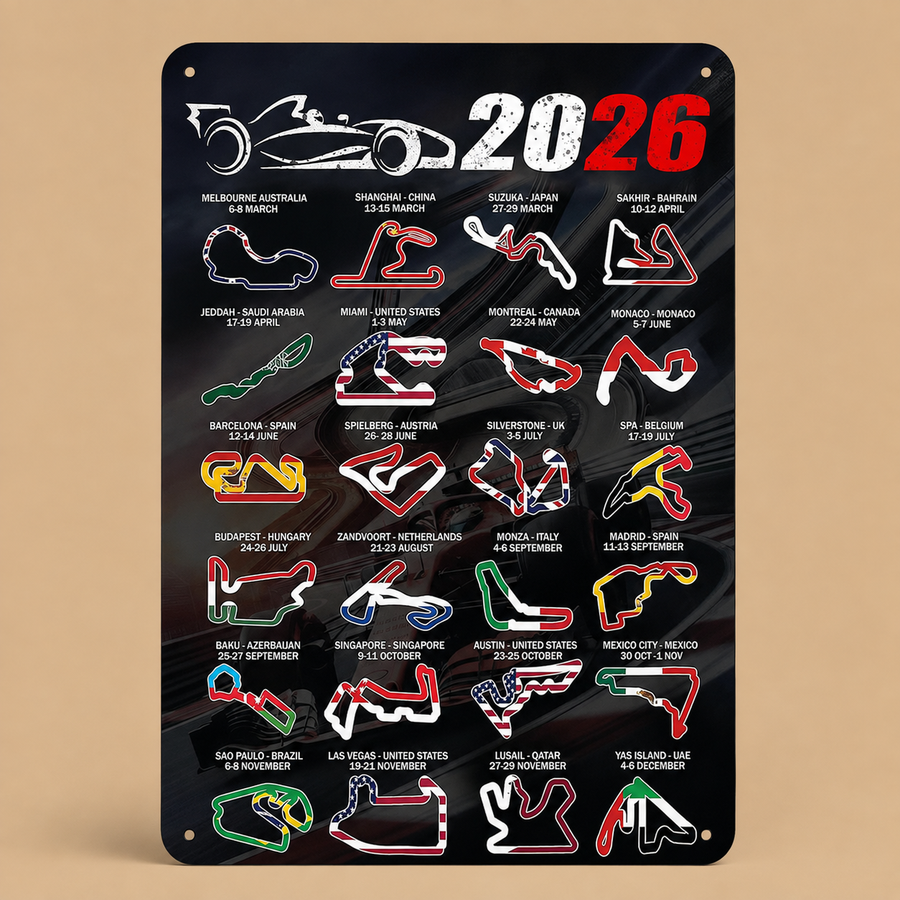 YNR 2026 Formula Racing Track Layouts Metal Poster – 20 x 30cm