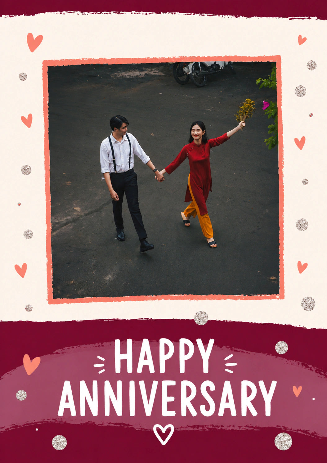 Red Hearts Confetti Photo Upload Anniversary Card for Her