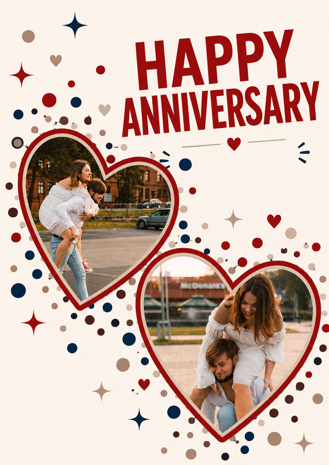 Confetti Hearts Two Photo Upload Anniversary Card for Her