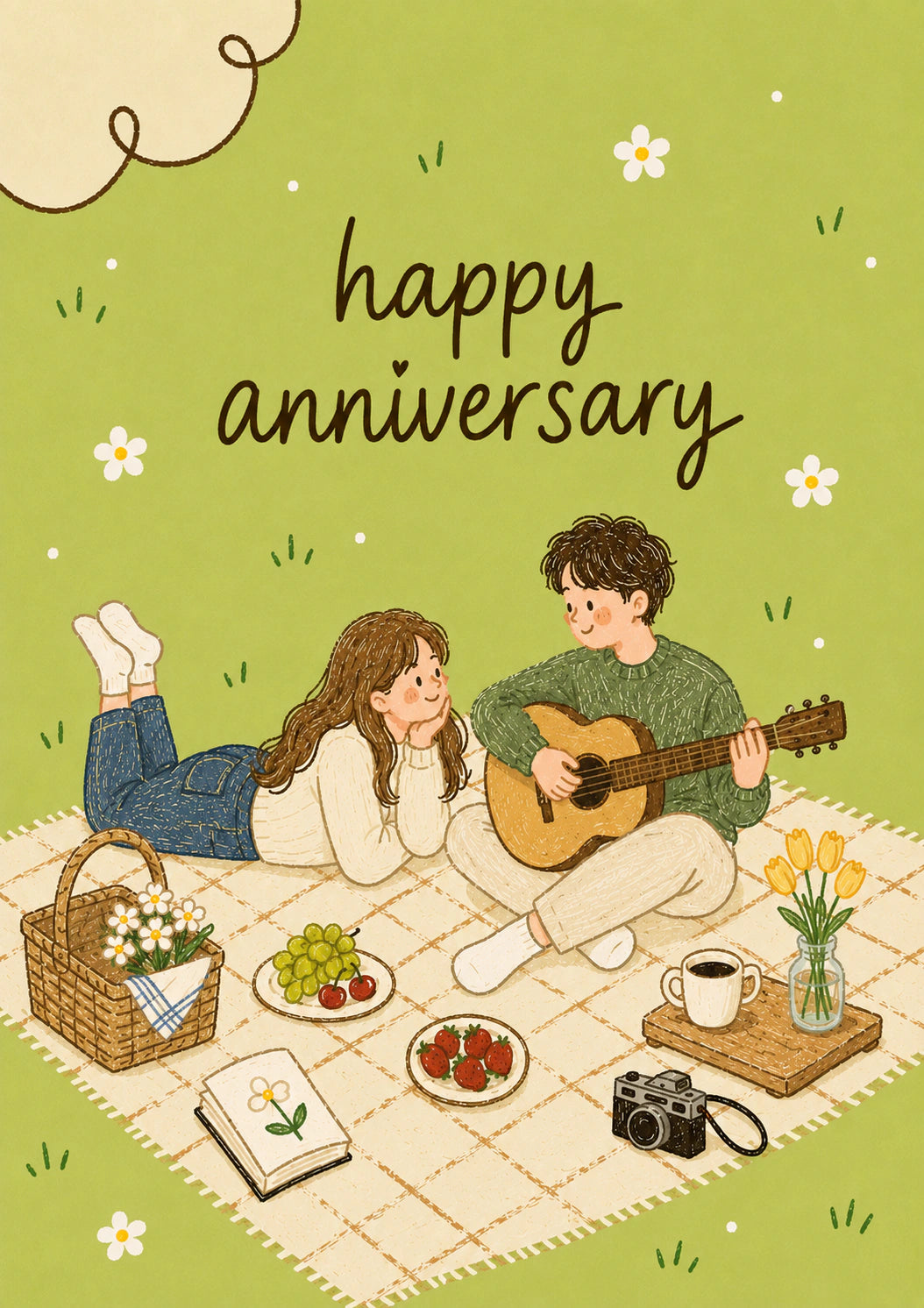 Couple Picnic Guitar Serenade Anniversary Card for Her