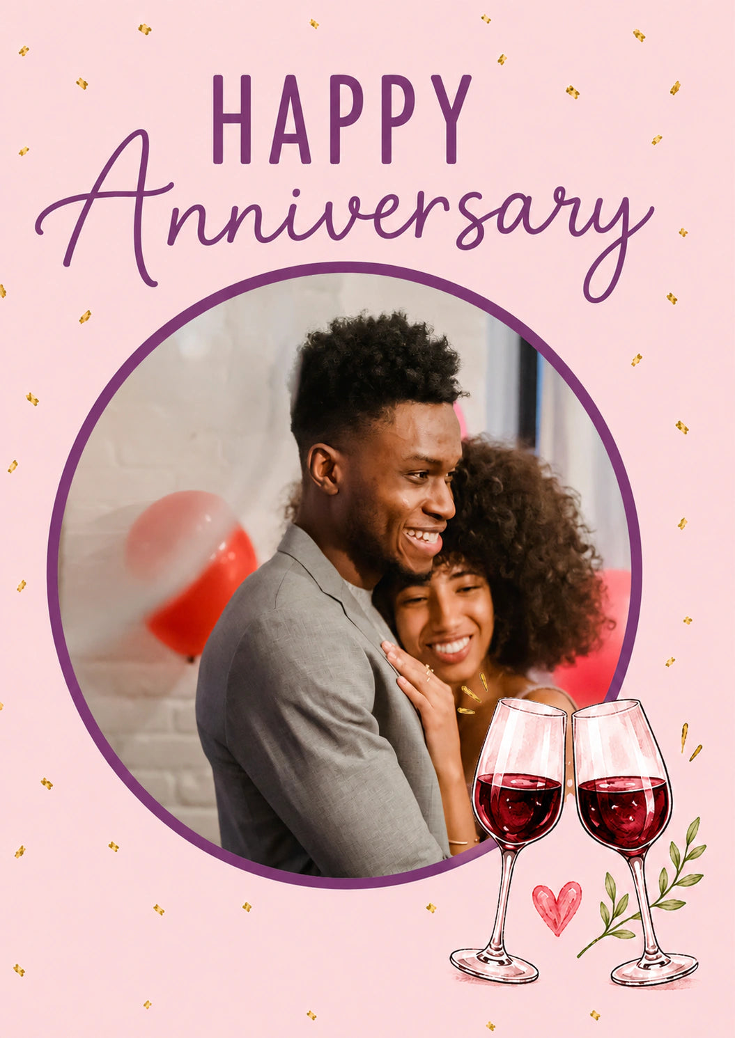 Pink Wine Glasses Cheers Photo Upload Anniversary Card