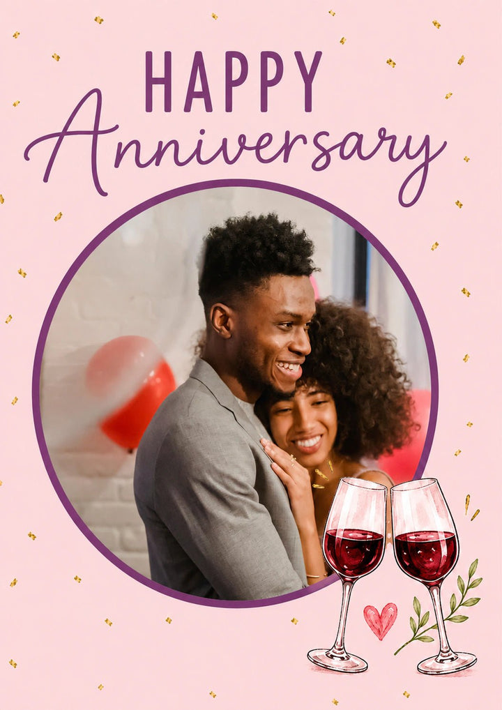 Pink Wine Glasses Cheers Photo Upload Anniversary Card