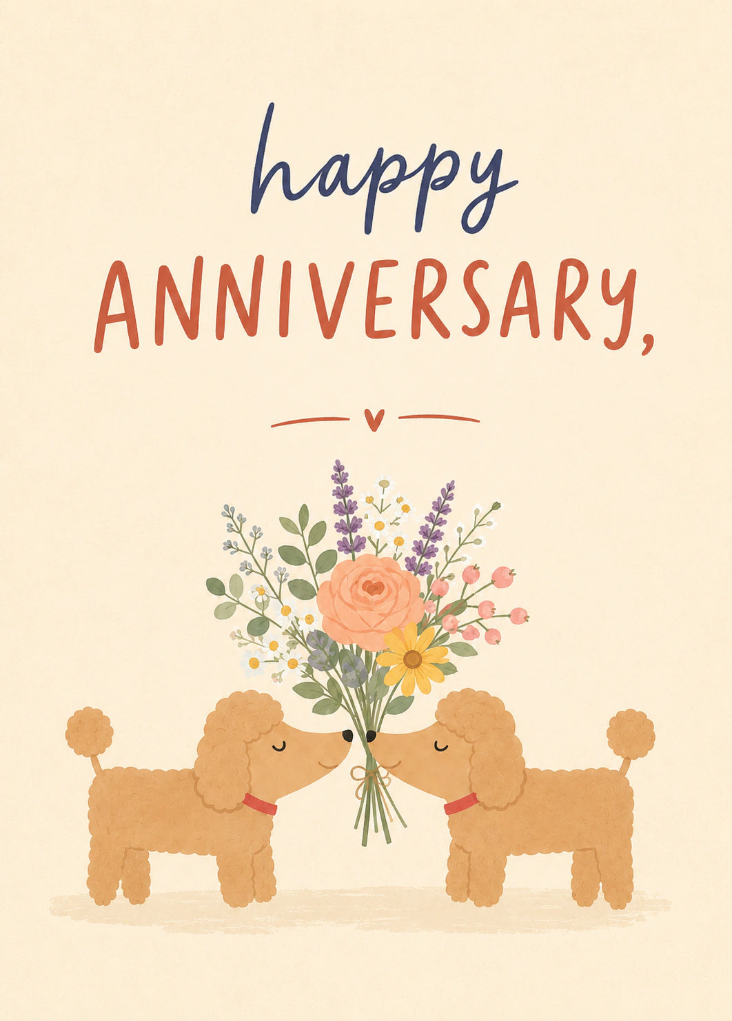 Cute Poodle Duo with Bouquet Anniversary Card