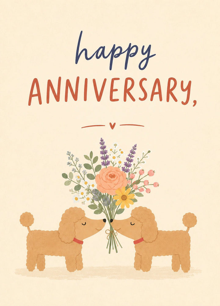 Cute Poodle Duo with Bouquet Anniversary Card