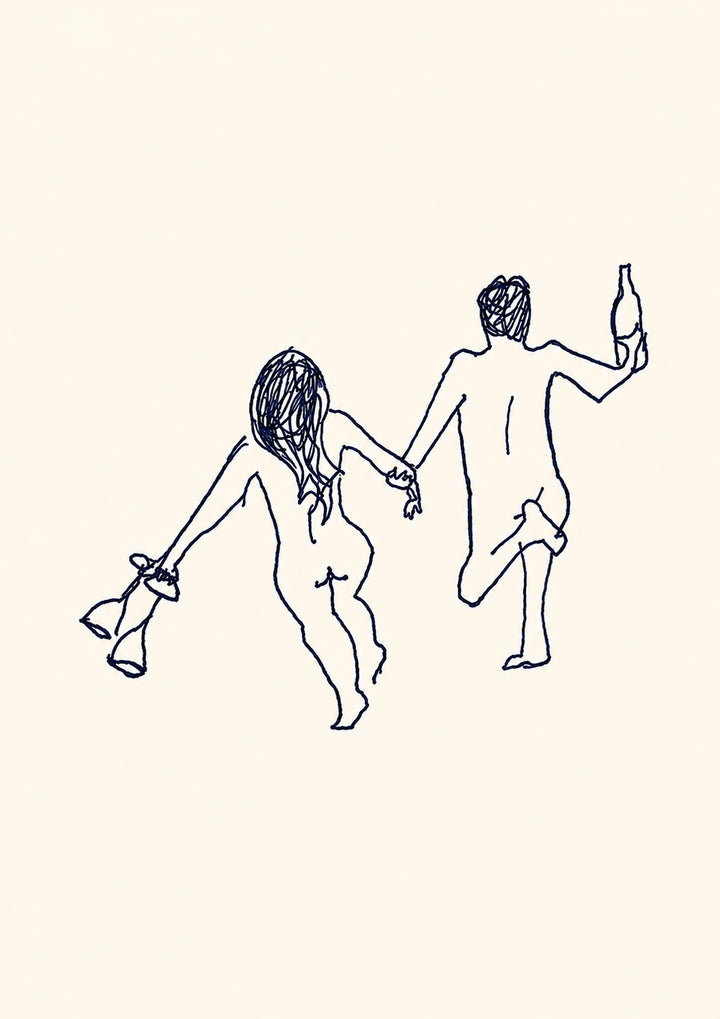 Funny Naked Couple Dancing with Bottles Anniversary Card
