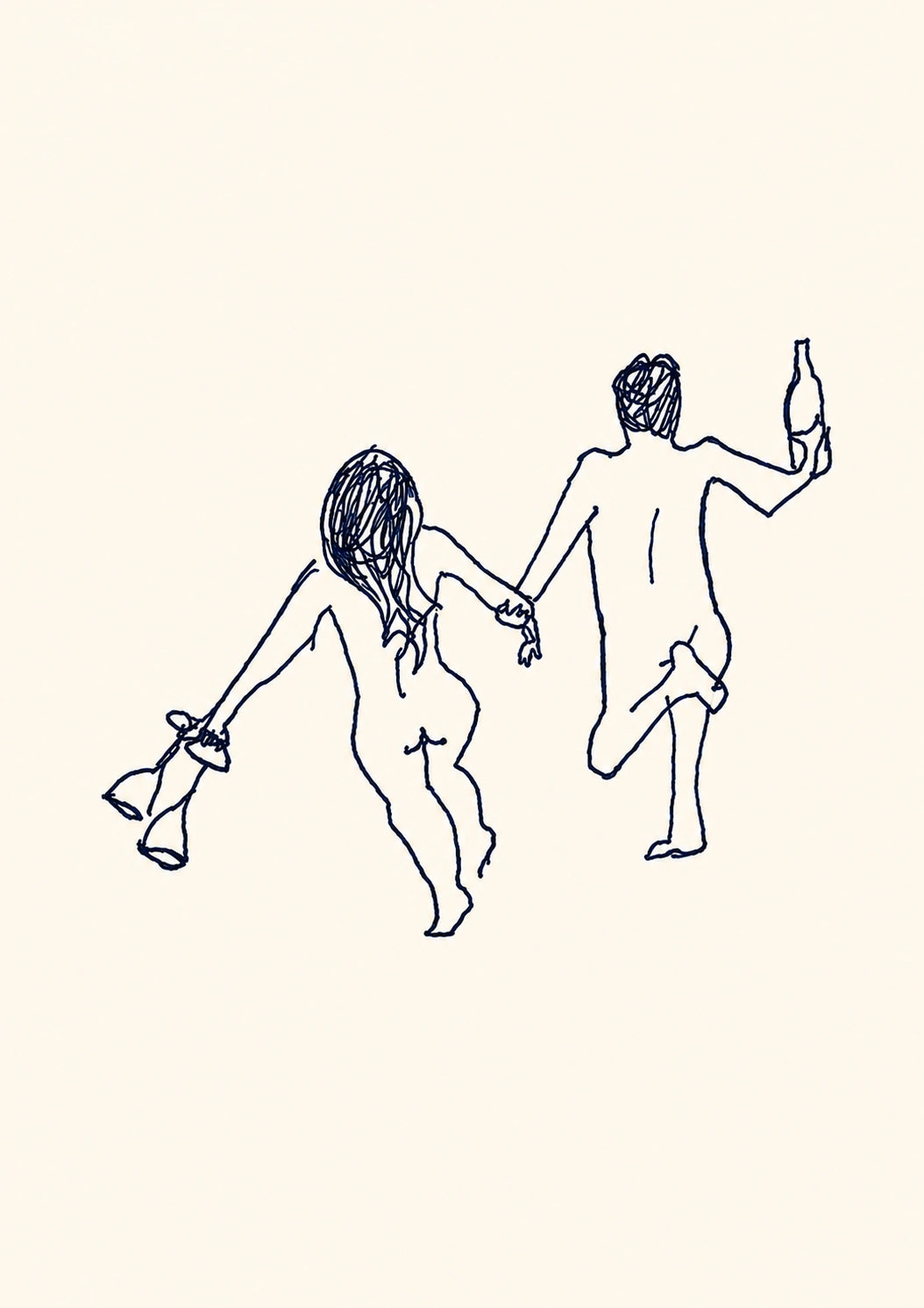Funny Naked Couple Dancing with Wine Birthday Card