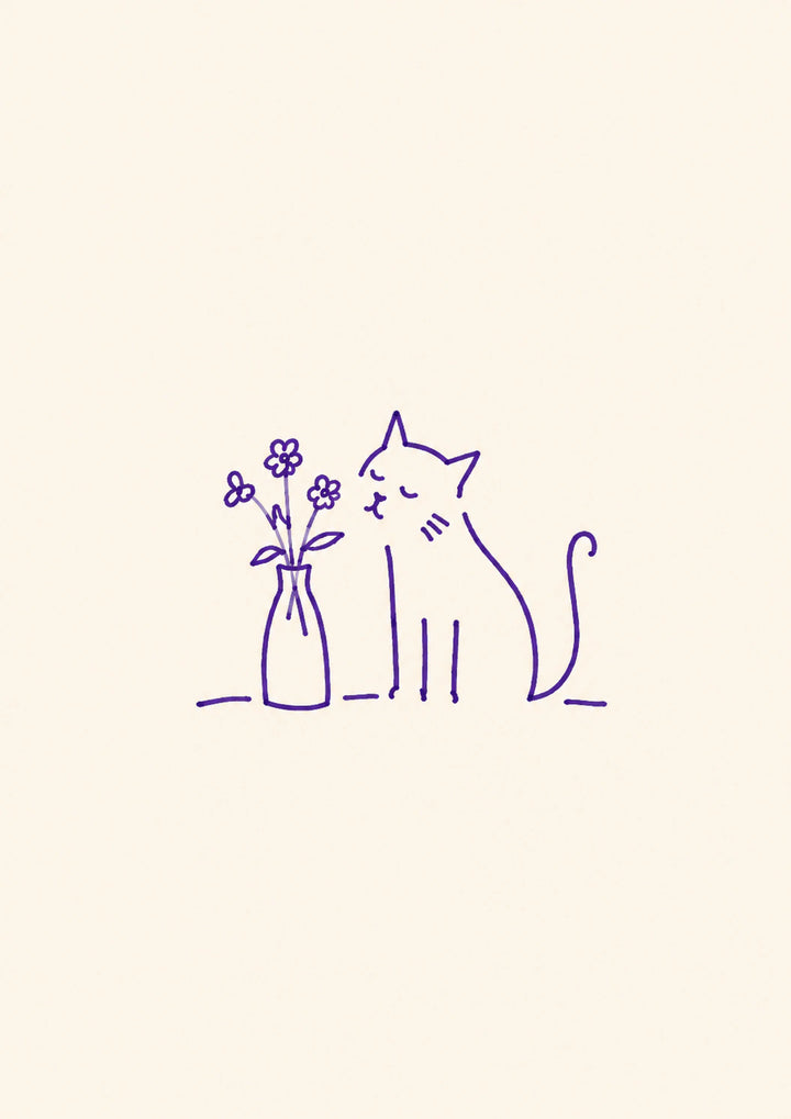 Cute Cat and Flowers Illustrated Birthday Card for Her