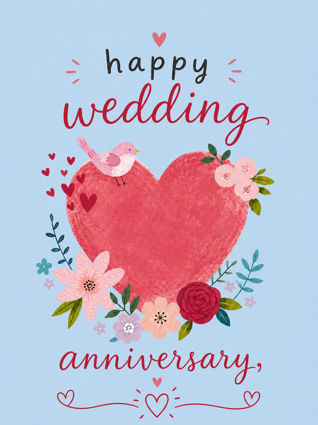 Floral Heart and Bird Wedding Anniversary Card for Her
