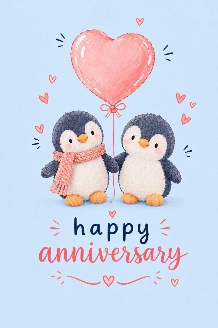 Cute Penguin Couple Heart Balloon Anniversary Card