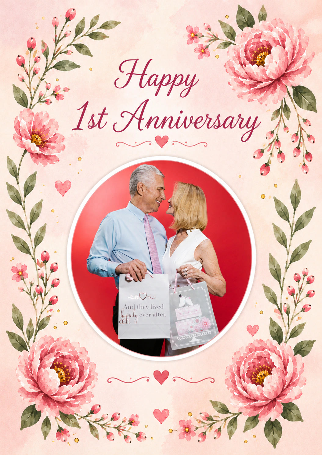 Pink Floral 1st Photo Upload Anniversary Card