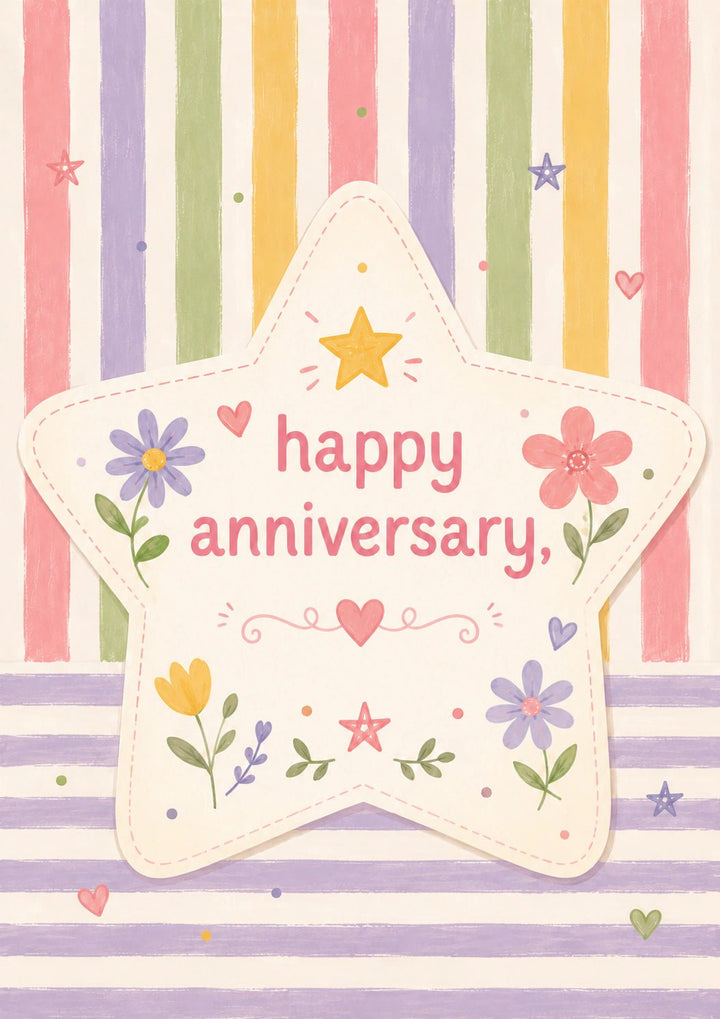 Pastel Stripe Floral Star Happy Anniversary Card for Her