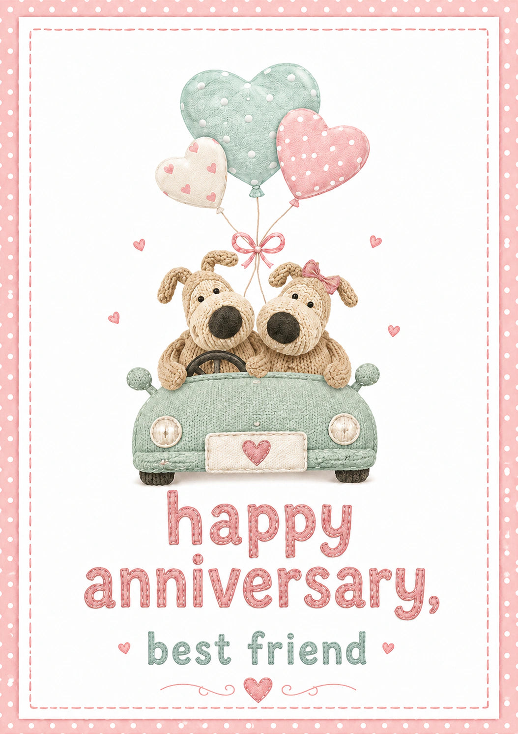 Cute Knitted Dogs in Car Anniversary Card for Her