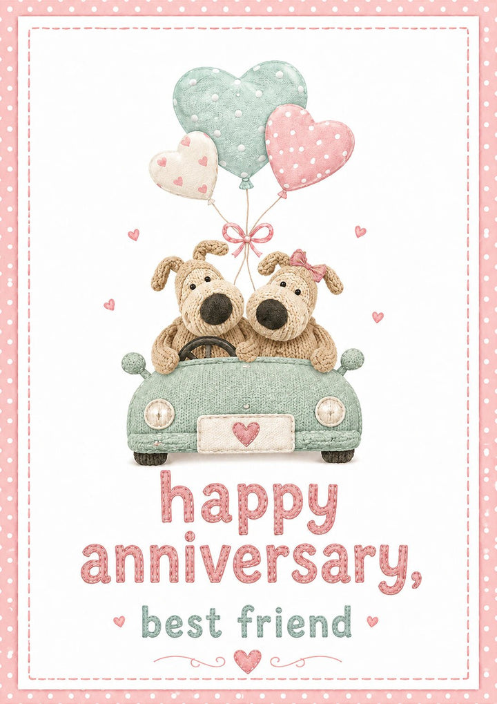 Cute Knitted Dogs in Car Anniversary Card for Her