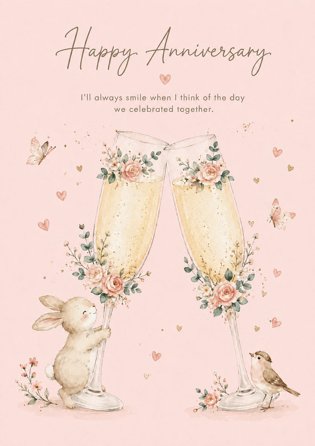 Bunny Champagne Flutes Floral Anniversary Card for Her