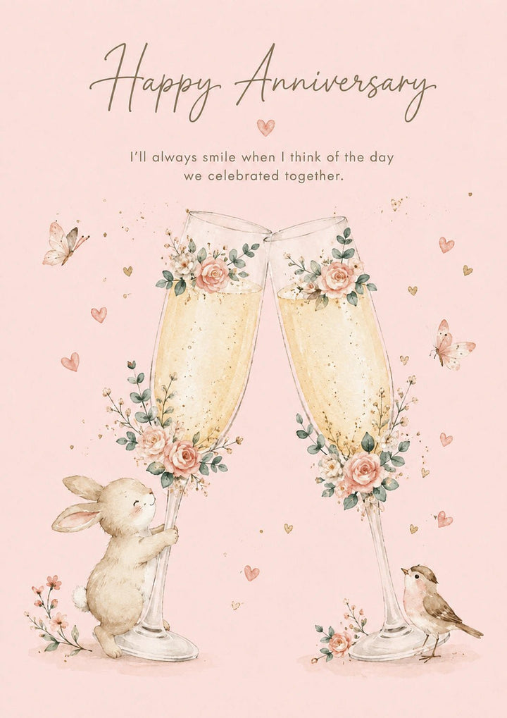 Bunny Champagne Flutes Floral Anniversary Card for Her