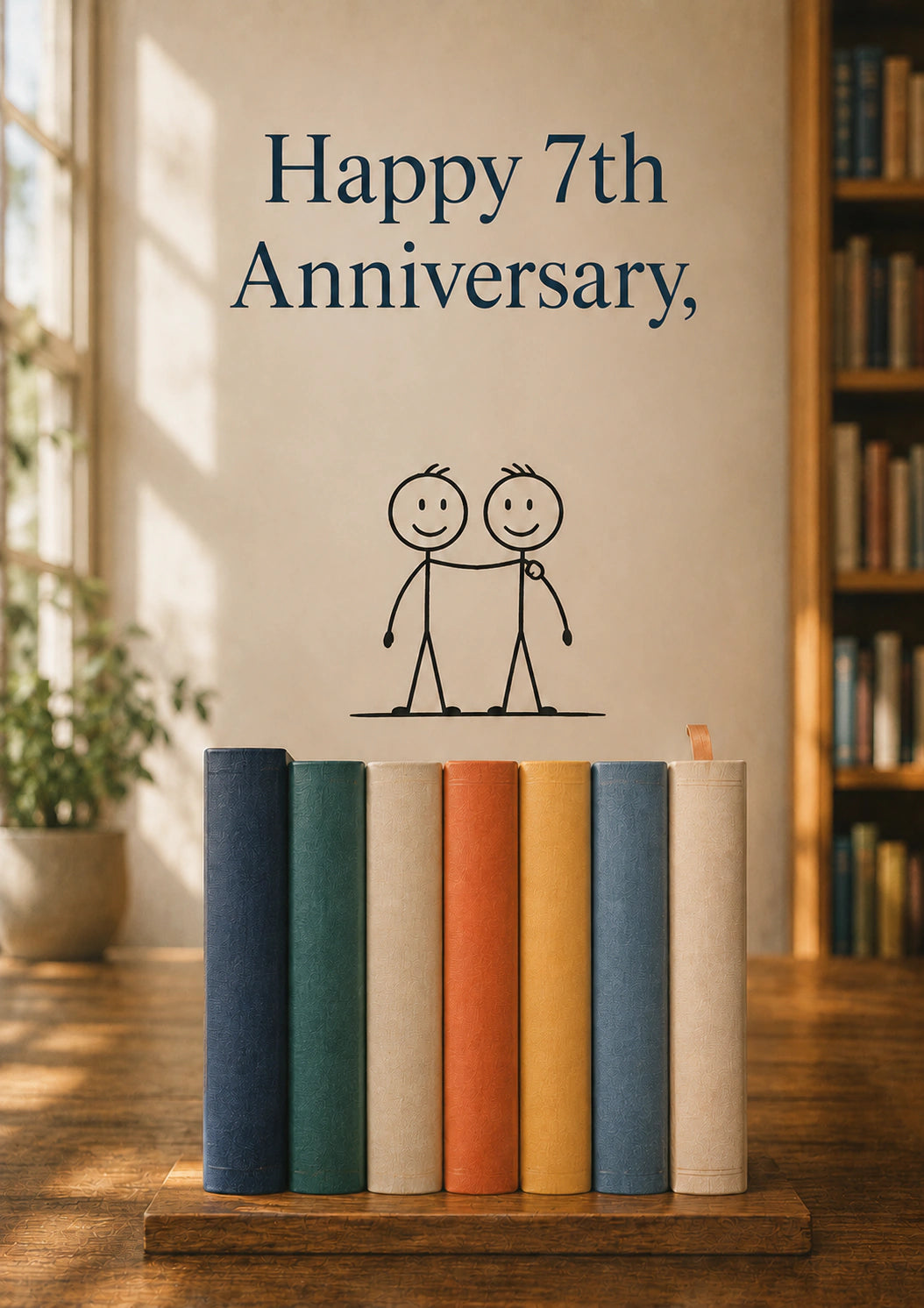 Stick Figure Couple Books 7th Anniversary Card