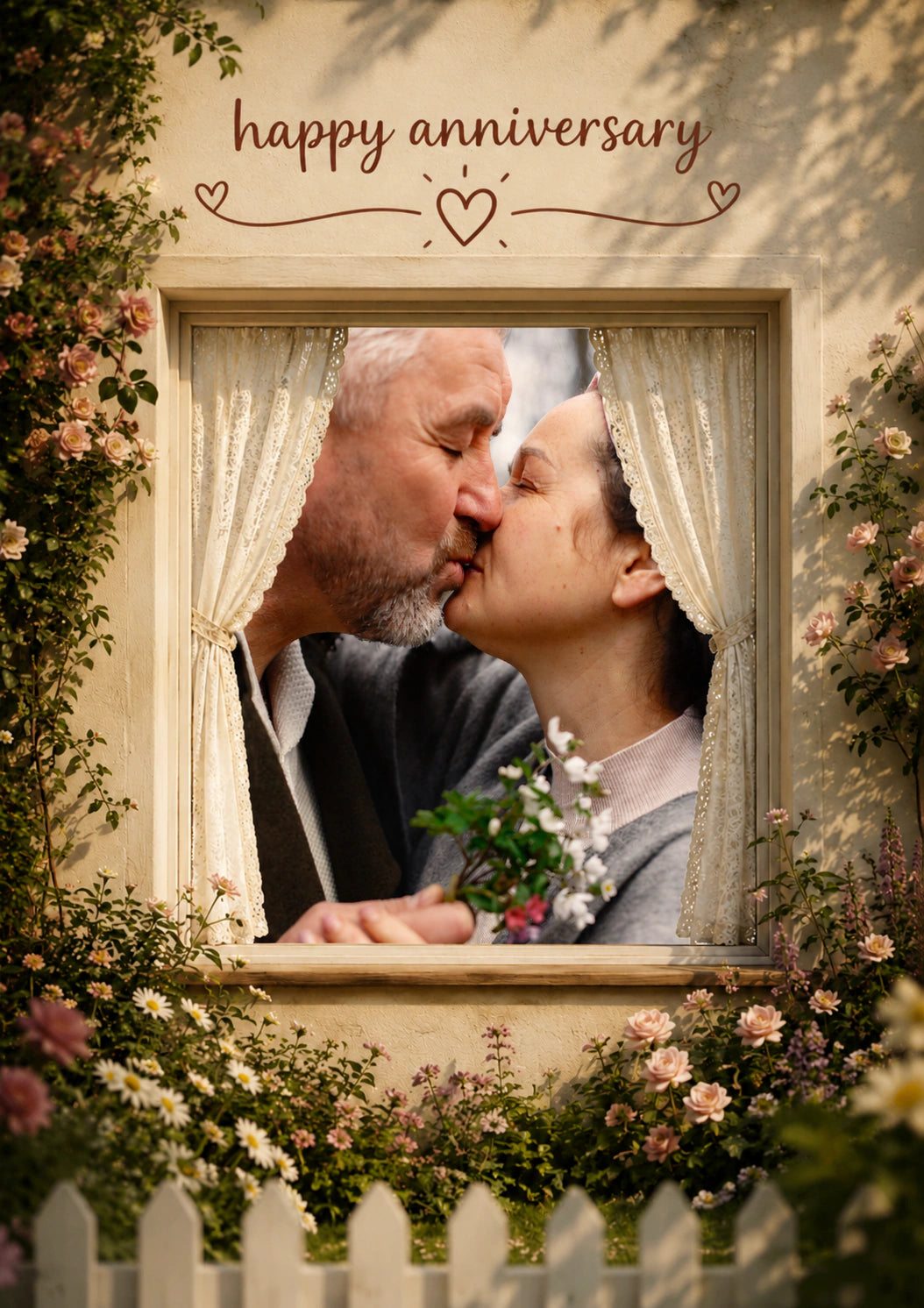 Romantic Cottage Window Floral Photo Upload Anniversary Card