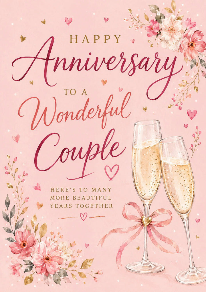 Pink Floral Champagne Couple Anniversary Card