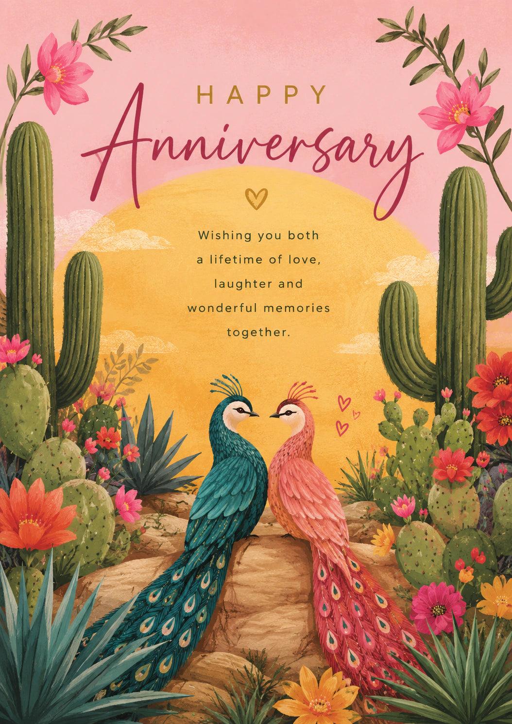 Teal and Pink Peacock Desert Anniversary Card