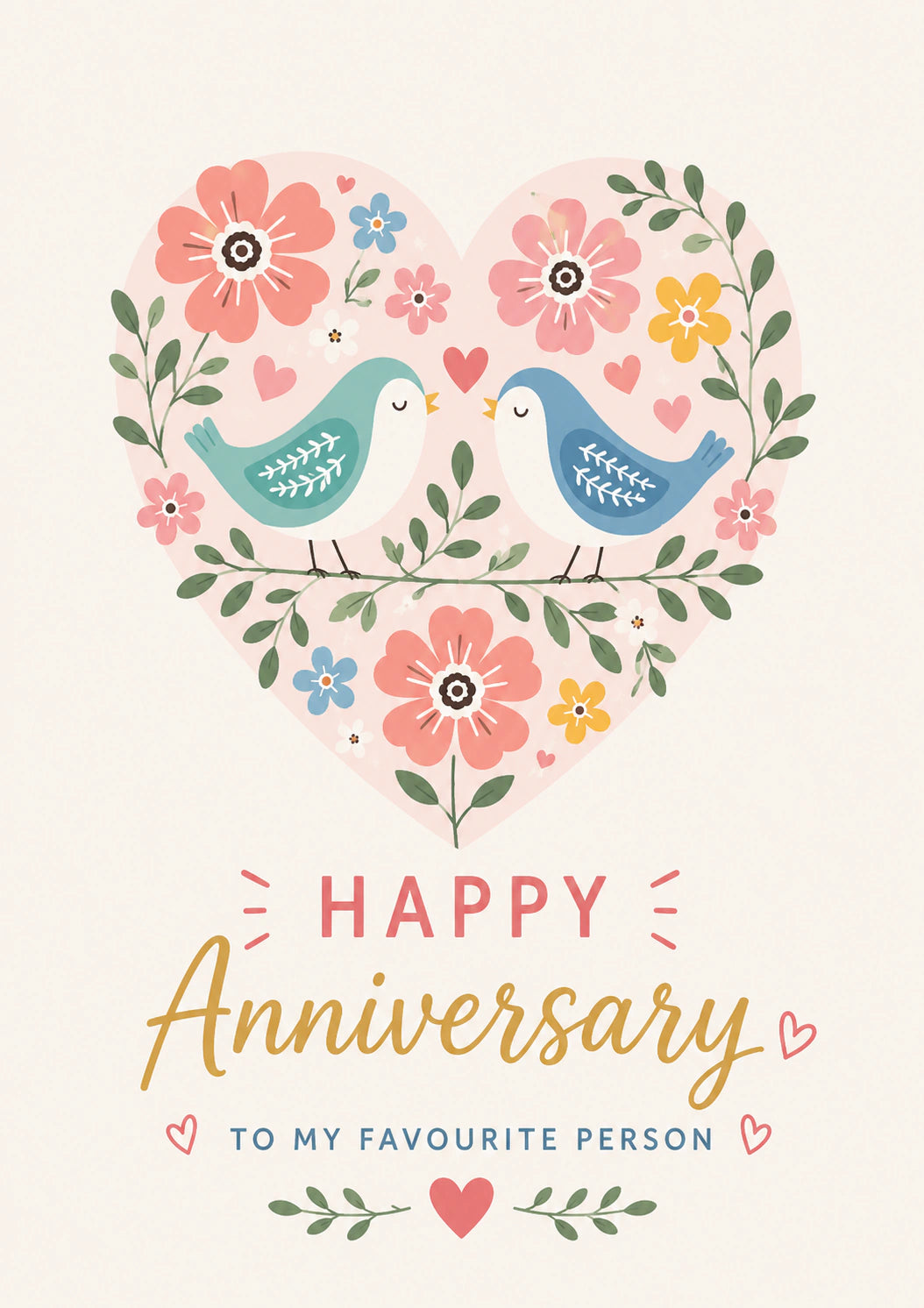 Floral Heart Love Birds Anniversary Card for Her