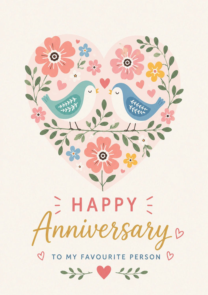 Floral Heart Love Birds Anniversary Card for Her