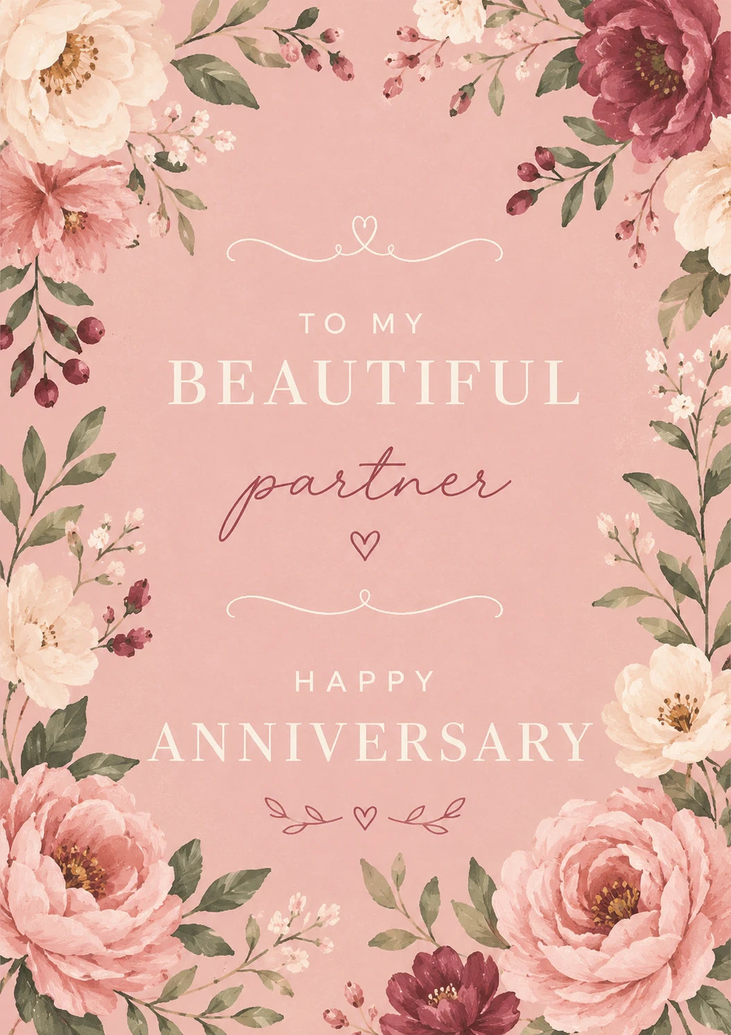 Vintage Pink Floral Beautiful Partner Anniversary Card for Her